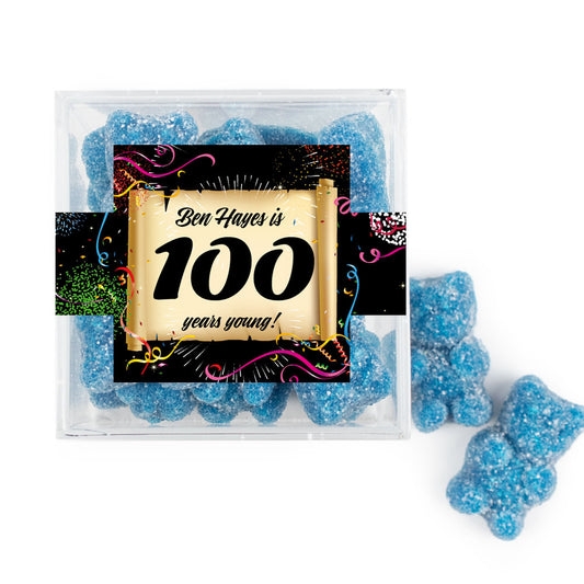 Personalized Milestones 100th Birthday Confetti Scroll JUST CANDY� favor cube with Sugar Sanded Gummy Bears