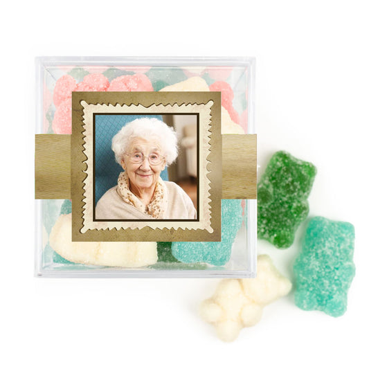 Personalized Milestones 100th Birthday Years in the Making JUST CANDY� favor cube with Sugar Sanded Gummy Bears