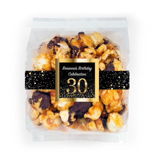 Personalized Milestone 30th Birthday Bash Chocolate Caramel Sea Salt Gourmet Popcorn 3.5 oz Bag