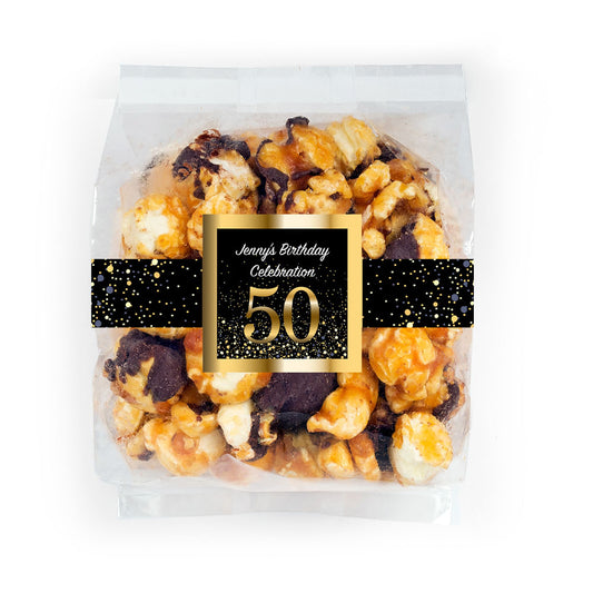 Personalized Milestone 50th Birthday Bash Chocolate Caramel Sea Salt Gourmet Popcorn 3.5 oz Bag