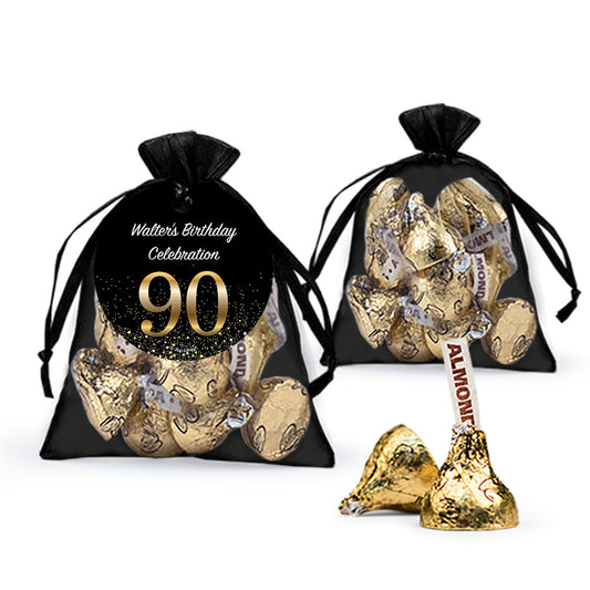 Personalized Elegant 90th Birthday Bash Hershey's Kisses in Organza Bags with Gift Tag