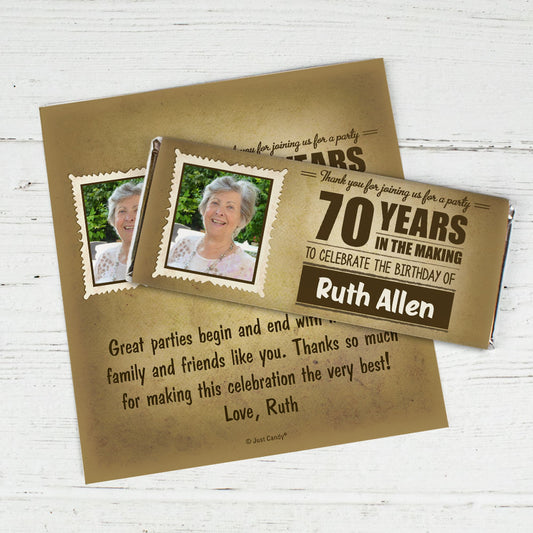 Personalized Milestone 70th Birthday Years to Perfection Chocolate Bar Wrappers