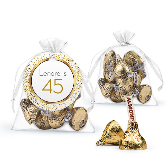 Personalized Birthday Glittering Gold Hershey's Kisses Organza Bag with Gift Tag