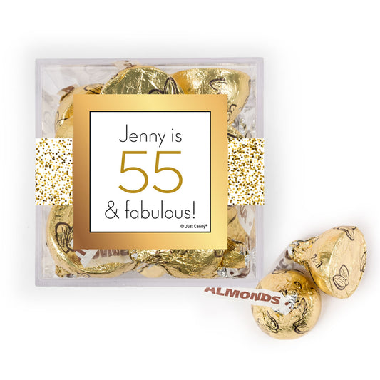 Personalized Birthday Glimmering Gold JUST CANDY� favor cube with Hershey's Kisses