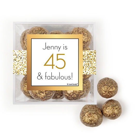 Personalized Birthday Glimmering Gold JUST CANDY� favor cube with Prosecco Cordials