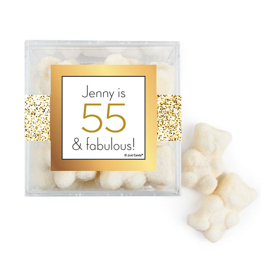 Personalized Birthday Glimmering Gold JUST CANDY� favor cube with Sugar Sanded Gummy Bears