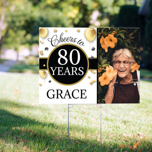 80th Birthday Yard Sign Personalized - Milestone Cheers with Photo