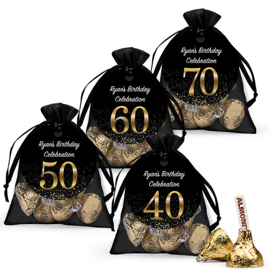 Personalized Elegant Birthday Bash Hershey's Kisses in Organza Bags with Gift Tag