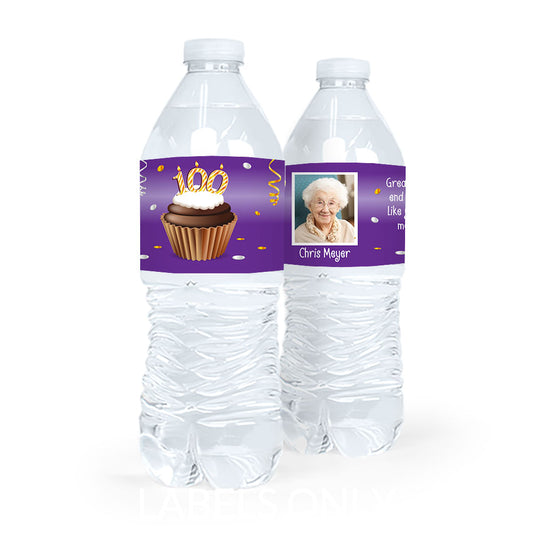 Personalized Milestones Birthday 100th Cupcake Water Bottle Sticker Labels (5 Labels)