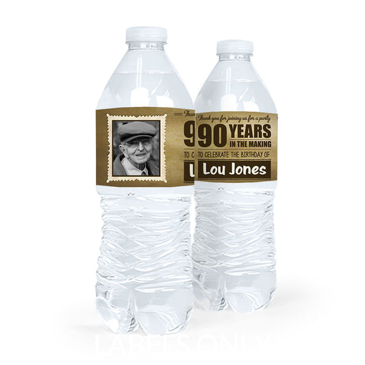 Personalized Milestones Birthday 90th Vintage Photo Water Bottle Sticker Labels (5 Labels)