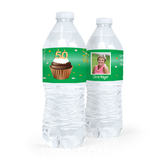 Personalized Milestones Birthday 50th Cupcake Water Bottle Sticker Labels (5 Labels)