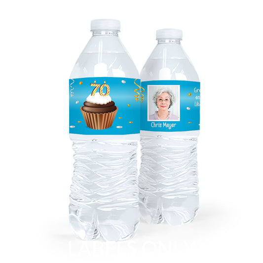 Personalized Milestones Birthday 70th Cupcake Water Bottle Sticker Labels (5 Labels)