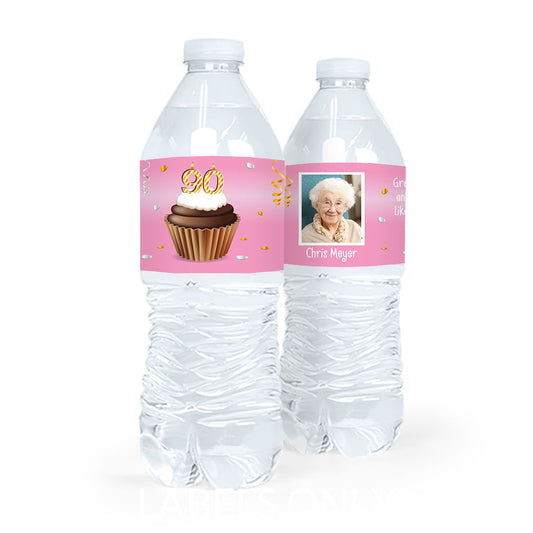 Personalized Milestones Birthday 90th Cupcake Water Bottle Sticker Labels (5 Labels)