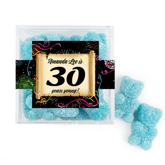 Personalized Milestones 30th Birthday Confetti Scroll JUST CANDY� favor cube with Sugar Sanded Gummy Bears