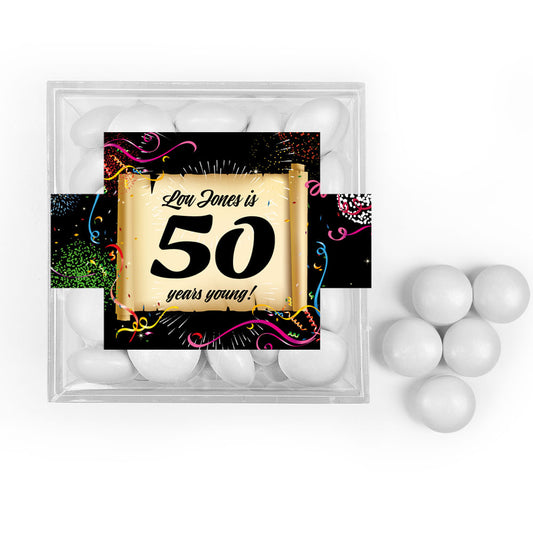 Personalized Milestone 50th Birthday Confretti Scroll JUST CANDY� favor cube with Just Candy Milk Chocolate Minis