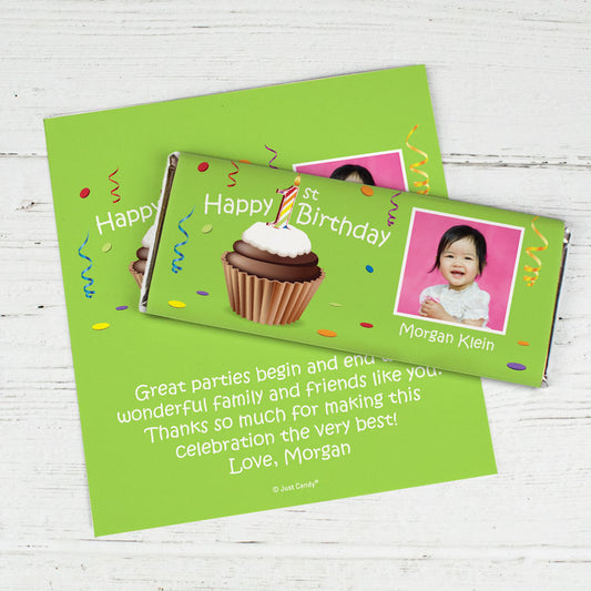 Birthday Personalized Chocolate Bar Wrappers Photo Cupcake 1st