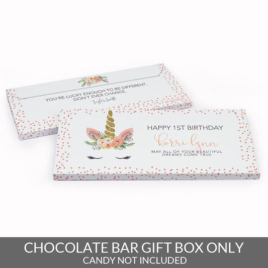 Deluxe Personalized First Birthday Whimsical Unicorn Candy Bar Favor Box