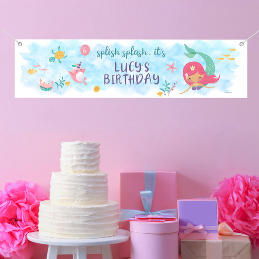 Personalized Mermaid Birthday Watercolor Mermaid - 5 Ft. Banner