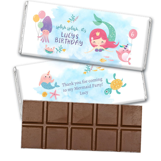 Personalized Kids Birthday Watercolor Mermaid Belgian Chocolate Bar