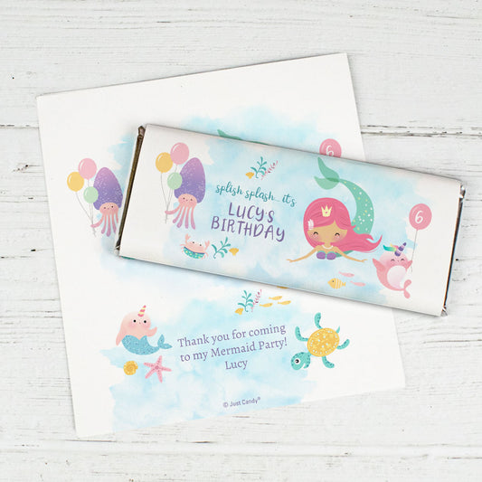 Personalized Watercolor Mermaid Kids Birthday Chocolate Bar Wrappers