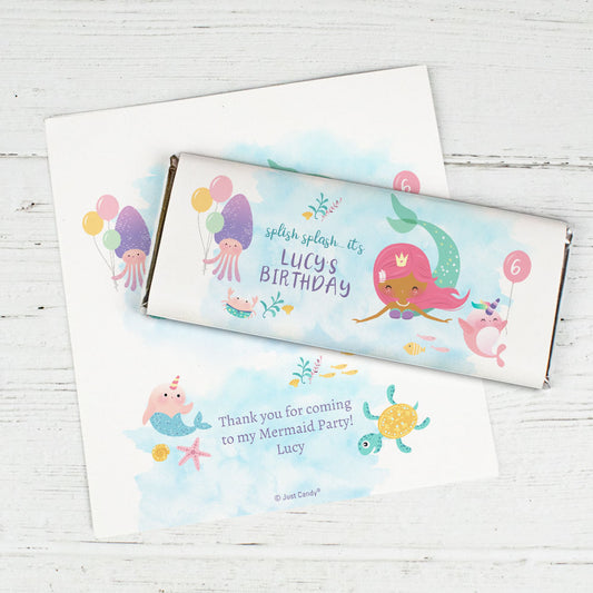 Personalized Watercolor Mermaid Kids Birthday Chocolate Bar Wrappers