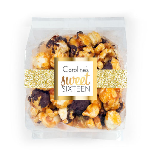 Personalized Sweet 16 Birthday Gold Glitter Chocolate Caramel Sea Salt Gourmet Popcorn 3.5 oz Bag