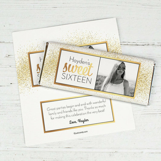 Personalized Sweet Sixteen Shower of Gold Photo Chocolate Bar Wrappers