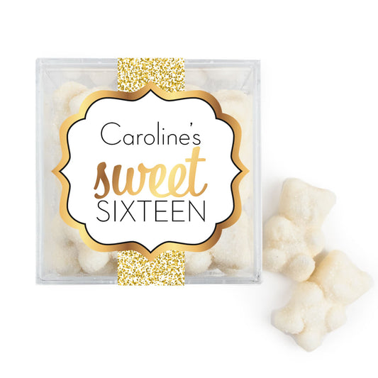 Personalized Sweet 16 Birthday Shower of Gold JUST CANDY� favor cube with Sugar Sanded Gummy Bears