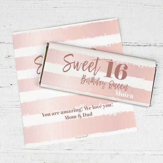 Personalized Sweet 16 Rose Gold Stripes Chocolate Bar Wrappers Only