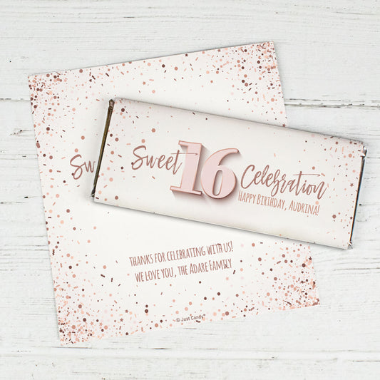 Personalized Sweet 16 Rose Gold Confetti Chocolate Bar Wrappers Only