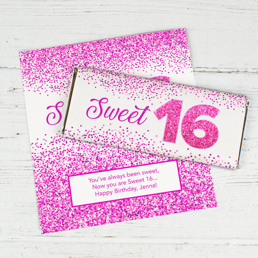 Personalized Sweet 16 Pink Confetti Chocolate Bar Wrappers Only