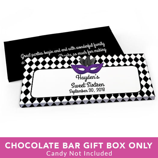 Deluxe Personalized Sweet 16 Birthday Harlequin Masquerade Candy Bar Favor Box