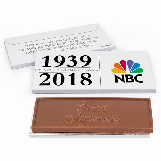 Deluxe Personalized Corporate Anniversary Span of Years Embossed Chocolate Bar in Gift Box