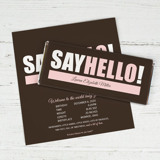 Personalized Say Hello! Baby Girl Birth Announcement Hershey's Chocolate Bar Wrappers