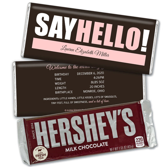 Personalized Say Hello! Baby Girl Birth Announcement Hershey's Hershey's Milk Chocolate Bar & Wrapper