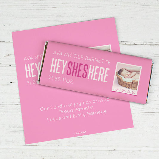 Personalized She's Here! Baby Girl Birth Announcement Hershey's Chocolate Bar Wrappers