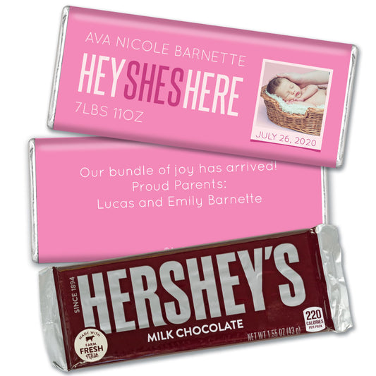 Personalized She's Here! Baby Girl Birth Announcement Hershey's Hershey's Milk Chocolate Bar & Wrapper