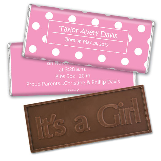 Baby Girl Announcement Personalized Embossed Chocolate Bar Polka Dots