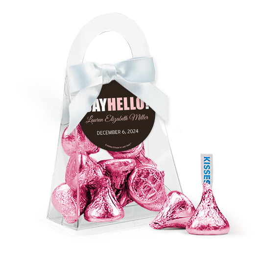 Personalized Baby Shower Say Hello Girl Favor Purse with Hershey's Kisses and Bow with Gift Tag