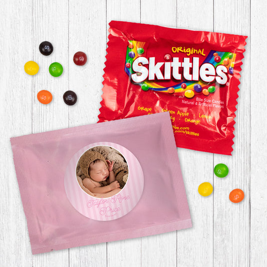 Personalized Pinstripe Baby Girl Announcement Skittles