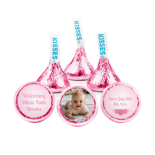 Personalized Girl Birth Announcement Pink Floral Hershey's Kisses