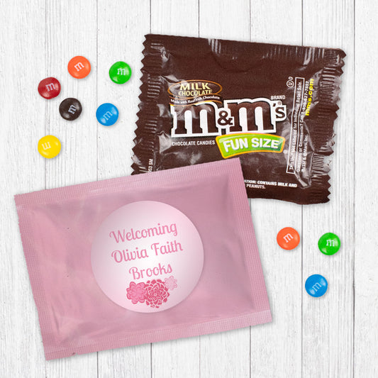 Personalized Pink Flower Baby Girl Announcement Milk Chocolate M&Ms