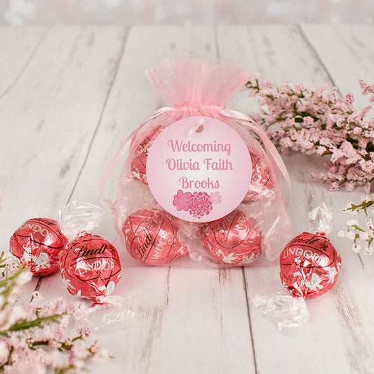 Personalized Girl Birth Announcement Pink Floral Lindt Truffle Organza Bag