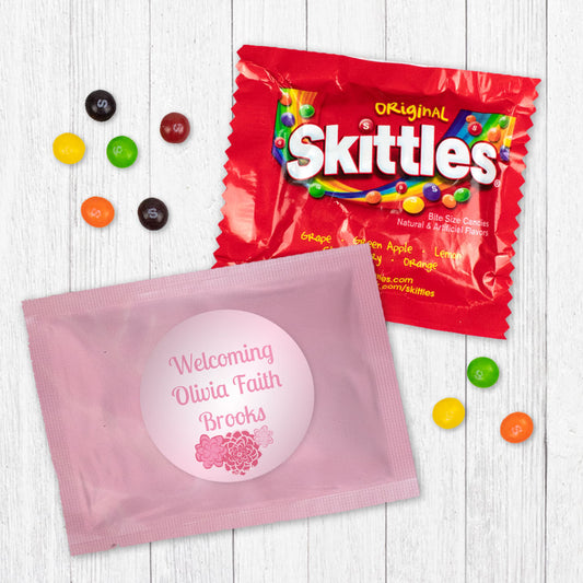 Personalized Pink Flower Baby Girl Announcement Skittles