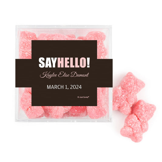 Personalized Girl Birth Announement Say Hello! JUST CANDY® favor cube with Sugar Sanded Gummy Bears