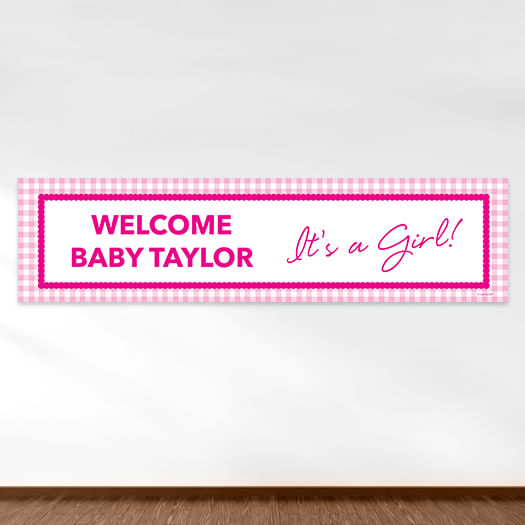 Personalized Checker Pattern Girl Baby Announcement 5 Ft. Banner