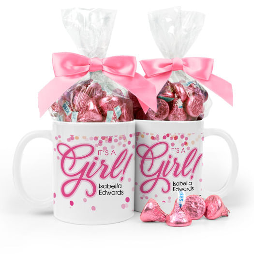 Personalized Baby Girl Announcement It's a Girl Bubbles 11oz Mug with Hershey's Kisses