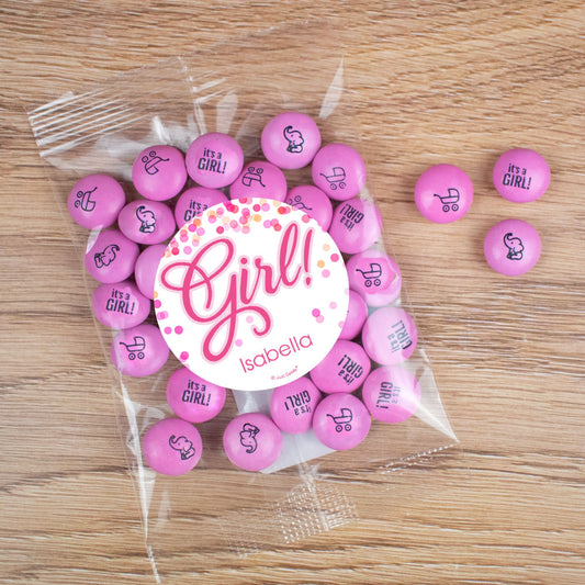 Personalized Girl Birth Announcement Candy It's a Girl Bubbles Candy Bag with JC Chocolate Minis