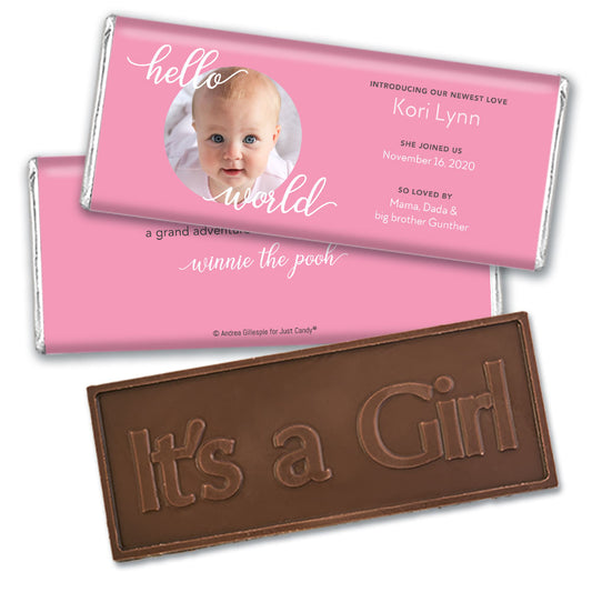 Personalized Hello World Baby Girl Birth Announcement Hershey's Embossed Chocolate Bar & Wrapper