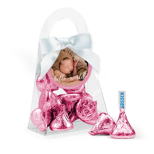 Personalized Baby Shower Hello World Girl Favor Purse with Hershey's Kisses and Bow with Gift Tag